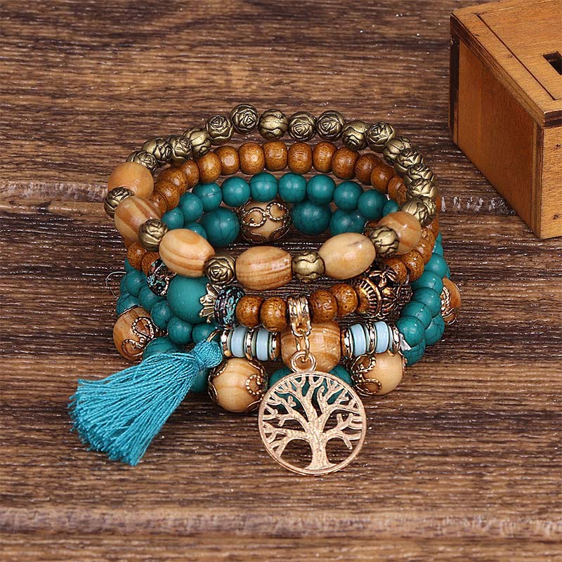 Buddha Stones Wenge Wood Layered Tree Tassel Healing Bracelet