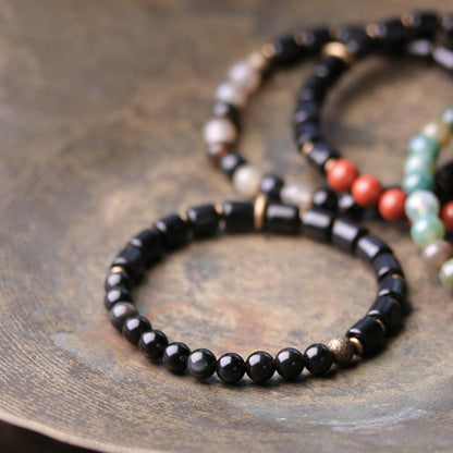 Buddha Stones Ebony Wood Red Jasper Moss Agate Crystal Copper Peace Couple Bracelet