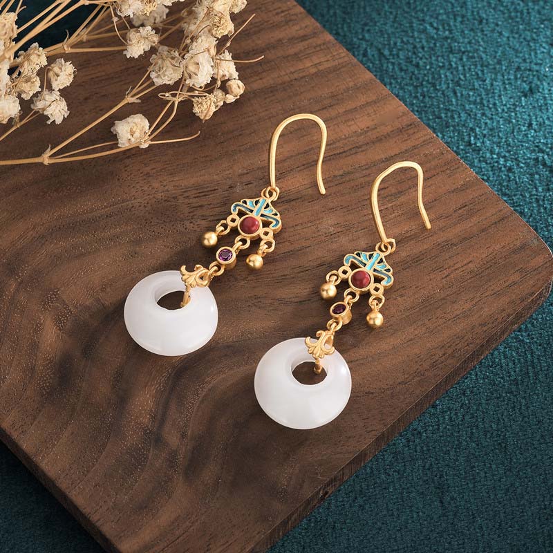 Buddha Stones FengShui White Jade Blessing Drop Earrings