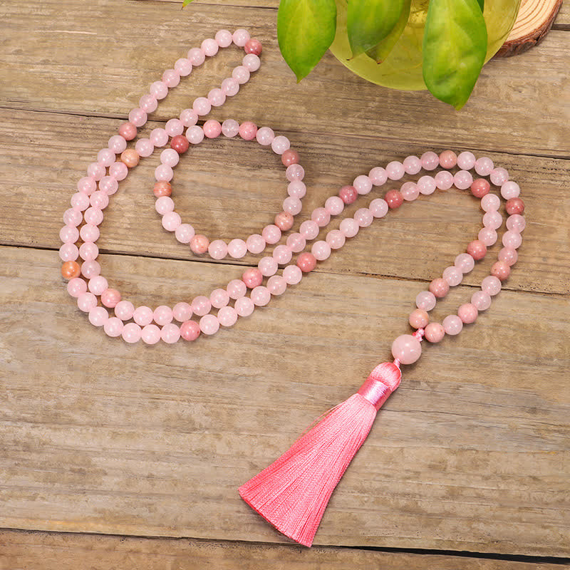 Buddha Stones 108 Mala Beads Pink Crystal Love Tassel Bracelet