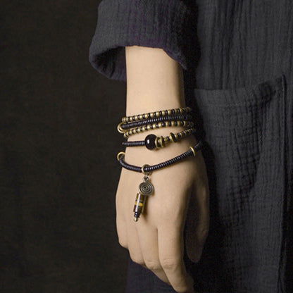 Buddha Stones Ebony Wood Dzi Bead Copper Peace Couple Bracelet Necklace Pendant