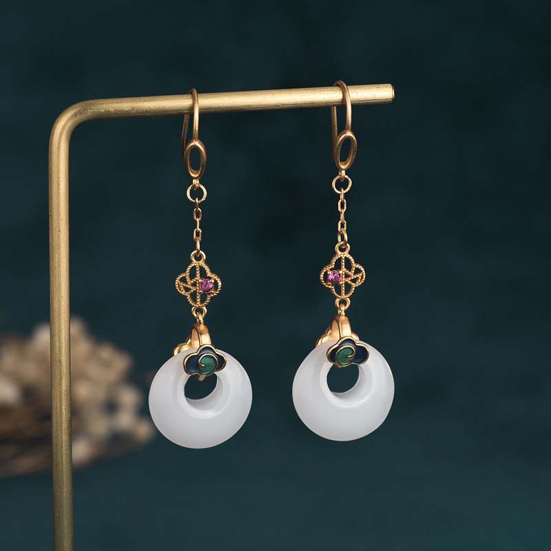 Buddha Stones FengShui White Jade Blessing Drop Earrings